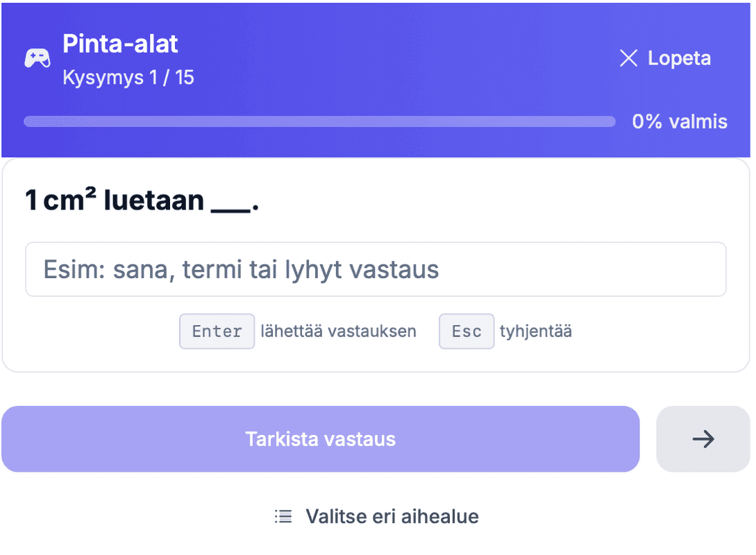 Esimerkki tietovisasta: monivalintakysymys, pisteet, putki ja edistyminen näkyvissä